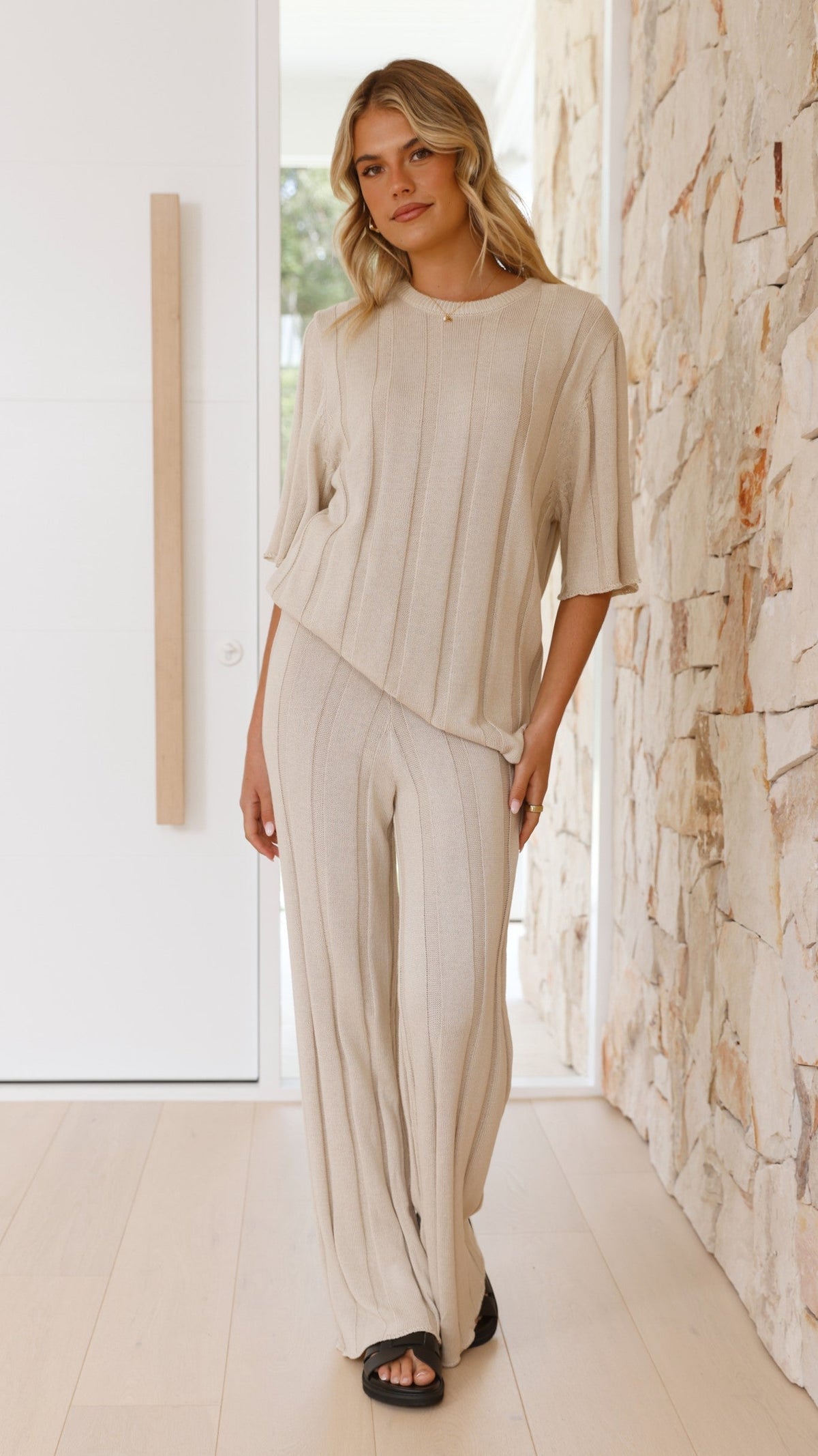 Bayu High Waisted Ribbed Knit Wide Leg Trousers – Cream – view 14