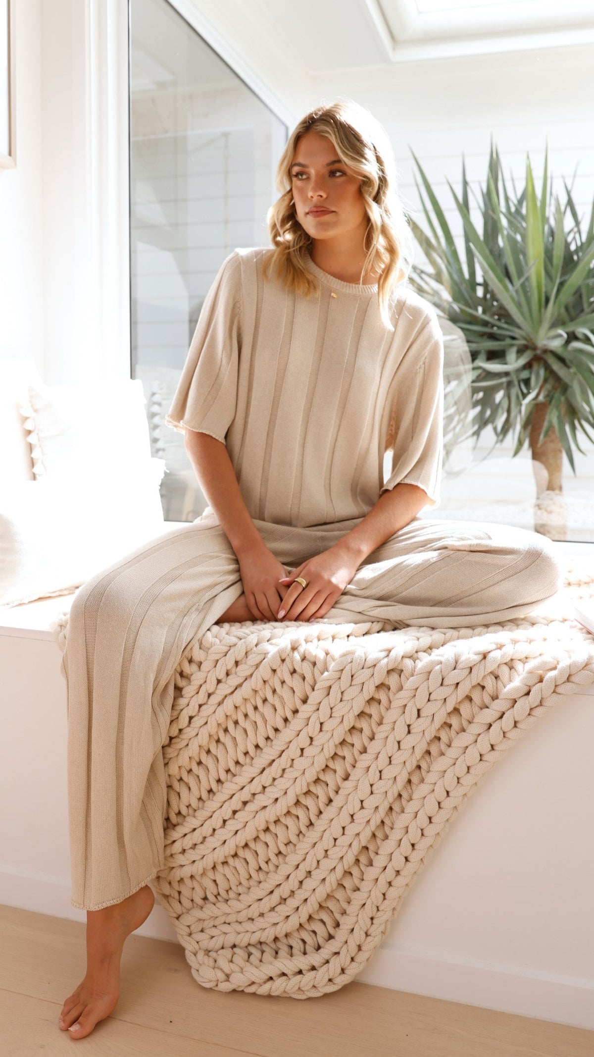 Bayu High Waisted Ribbed Knit Wide Leg Trousers – Cream – view 15
