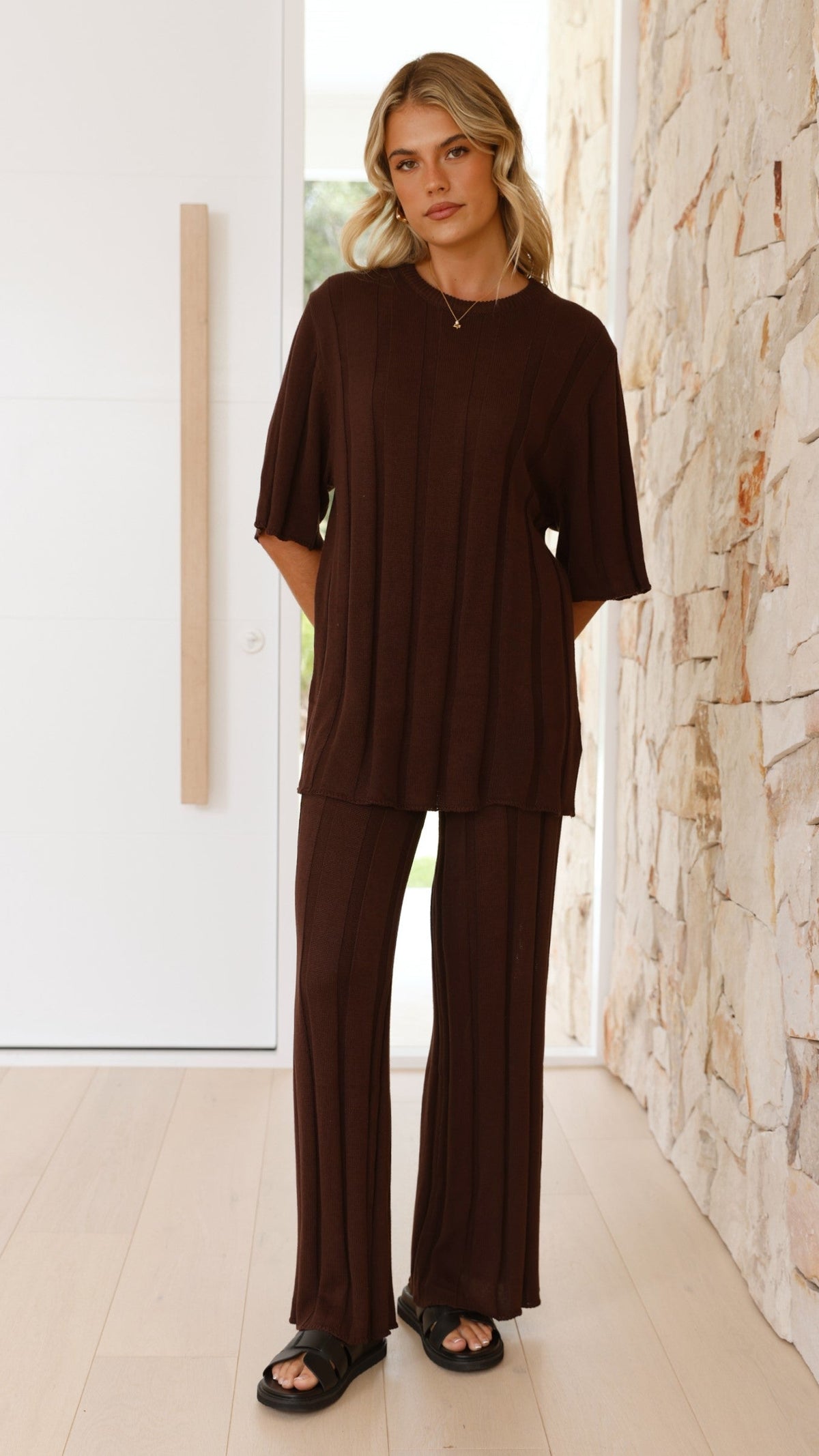 Bayu High Waisted Ribbed Knit Wide Leg Trousers – Brown – view 15