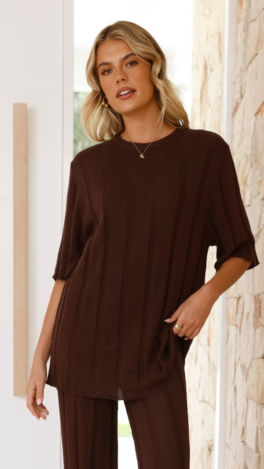 Bayu Relaxed Fit Longline Ribbed Knit Top – Brown – view 2