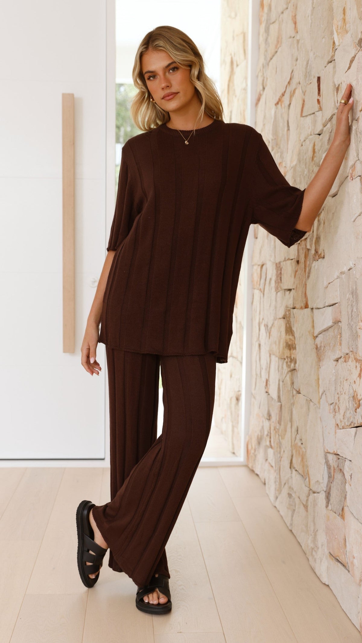 Bayu High Waisted Ribbed Knit Wide Leg Trousers – Brown – view 16