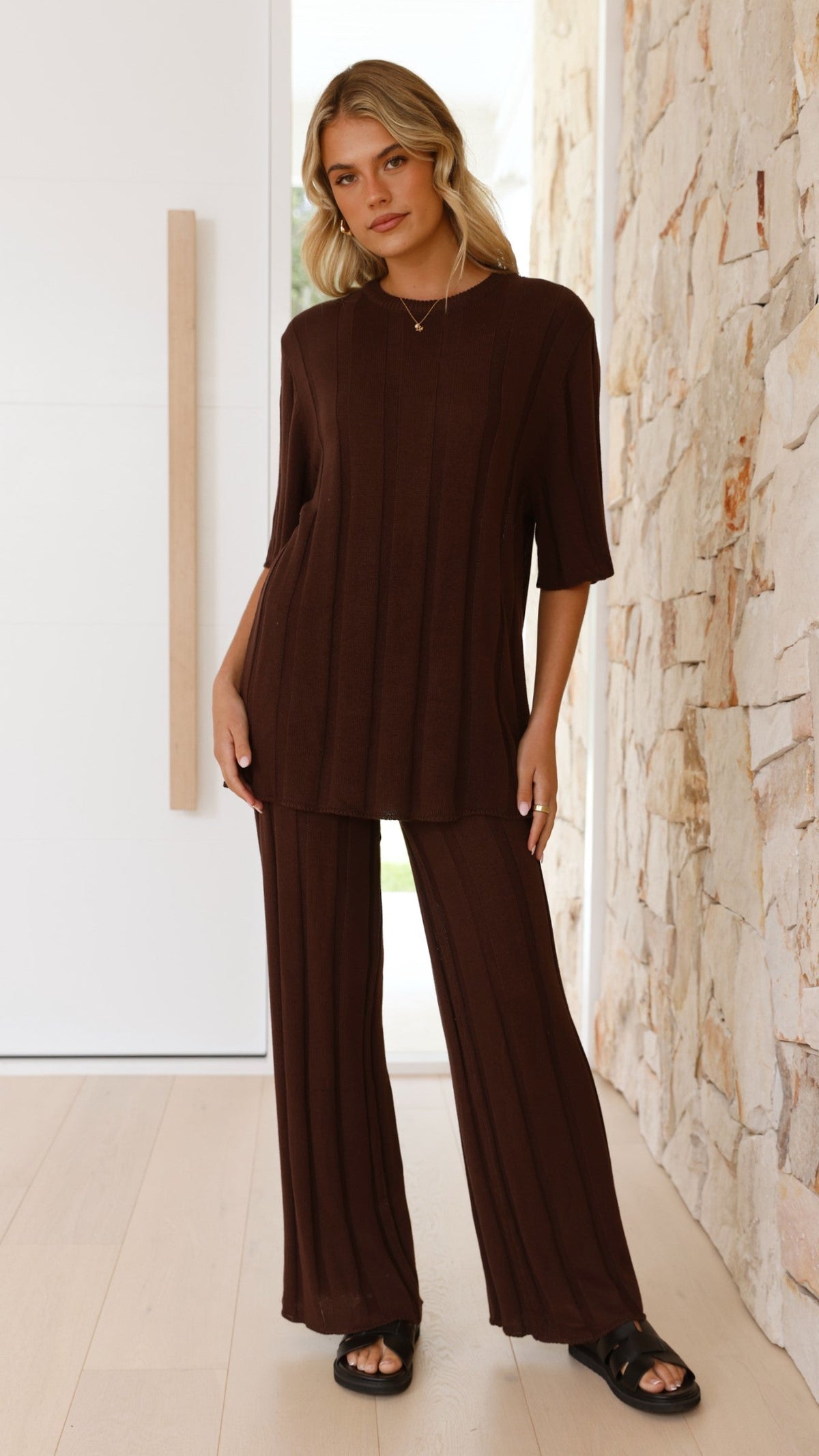 Bayu Relaxed Fit Longline Ribbed Knit Top – Brown – view 10