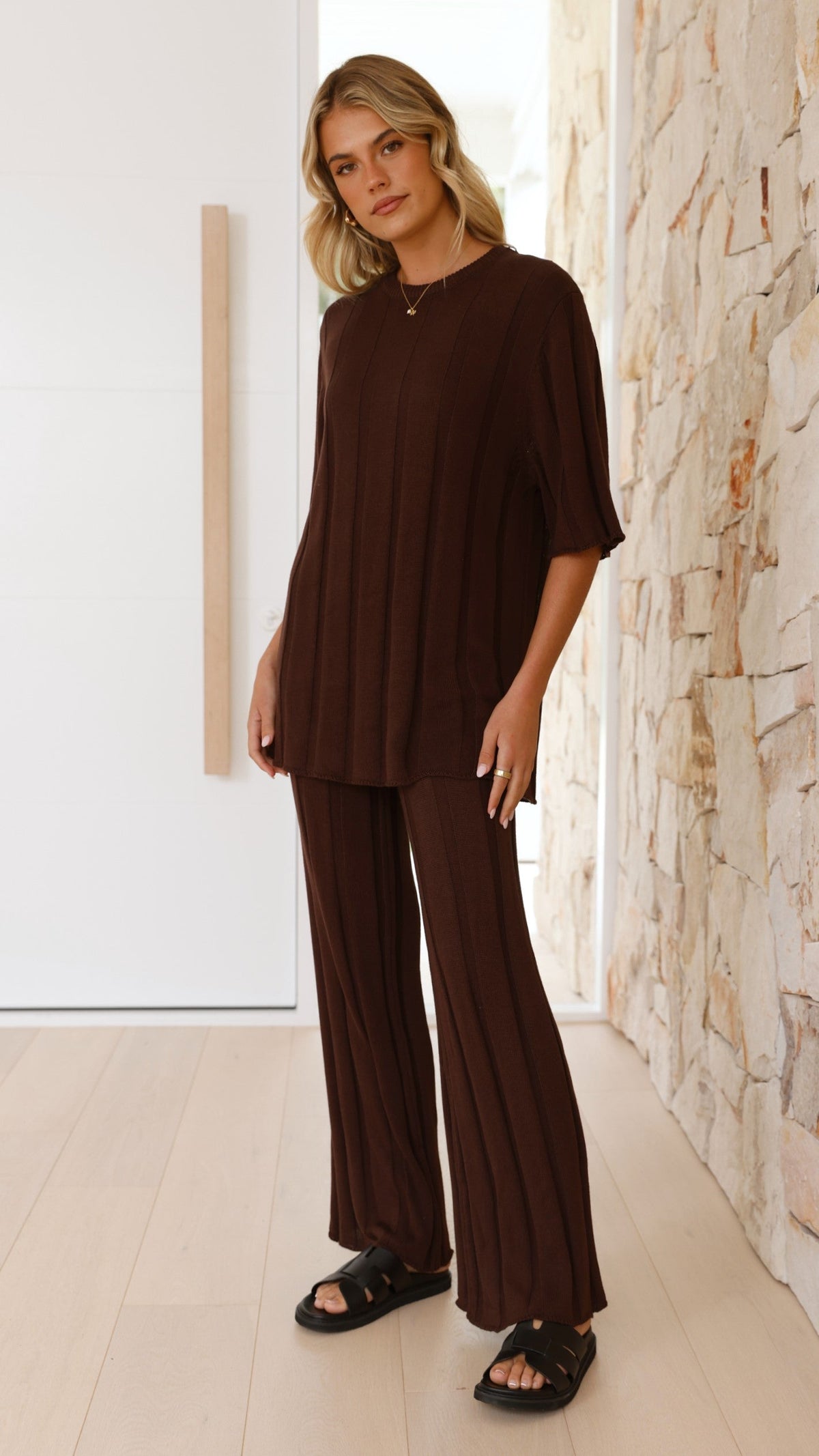 Bayu Relaxed Fit Longline Ribbed Knit Top – Brown – view 9