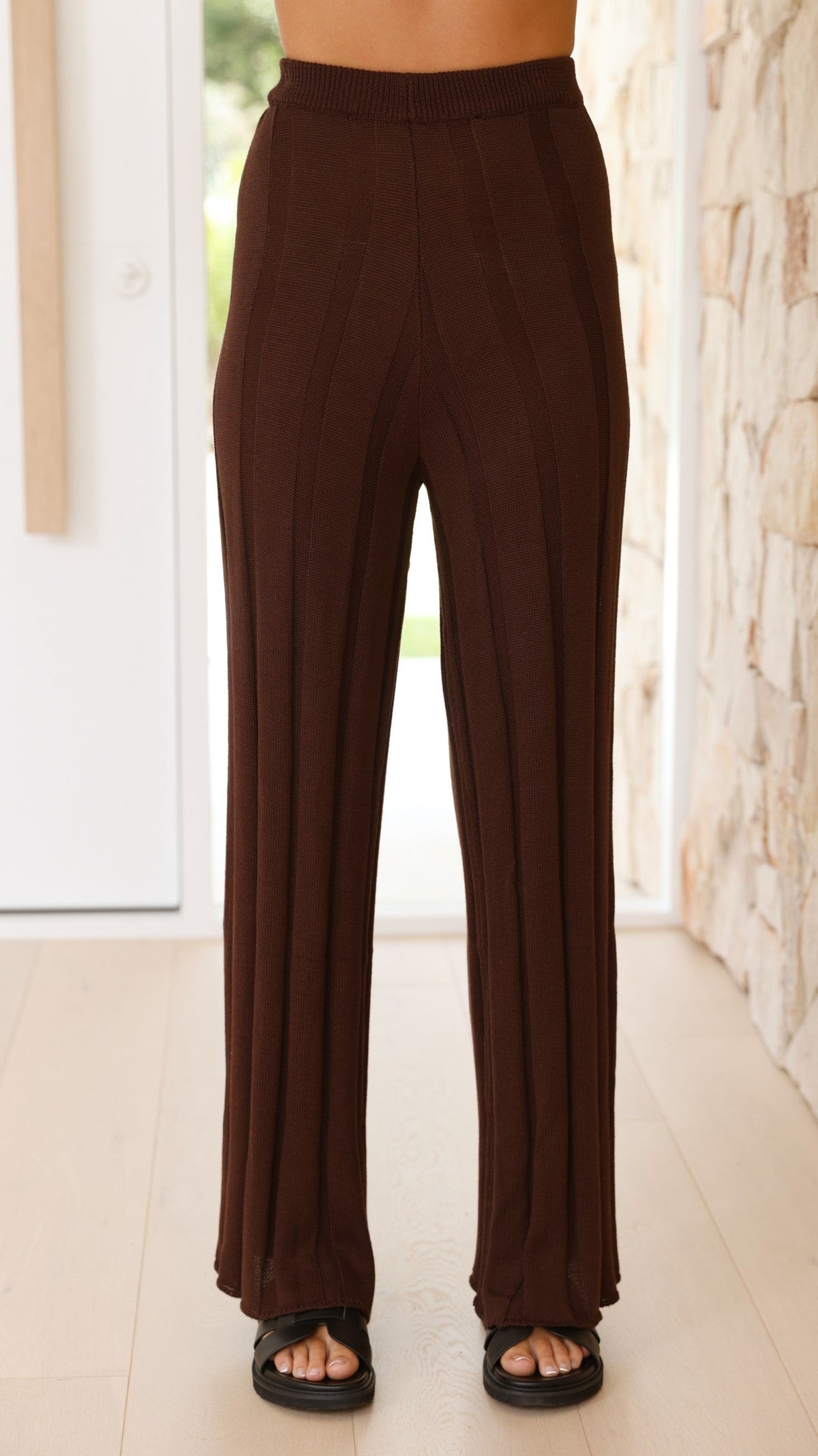 Bayu High Waisted Ribbed Knit Wide Leg Trousers – Brown – view 3