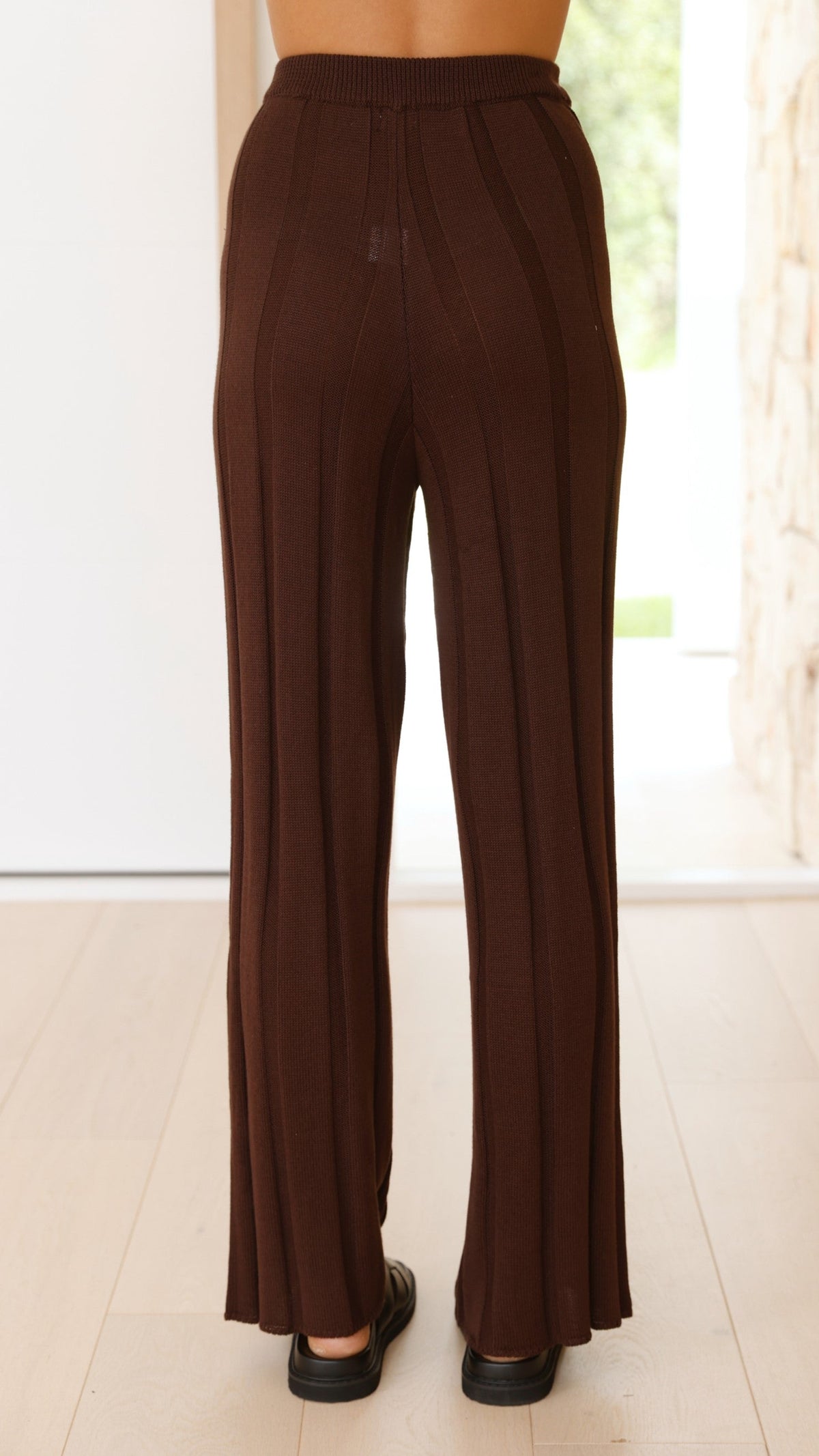 Bayu High Waisted Ribbed Knit Wide Leg Trousers – Brown – view 17