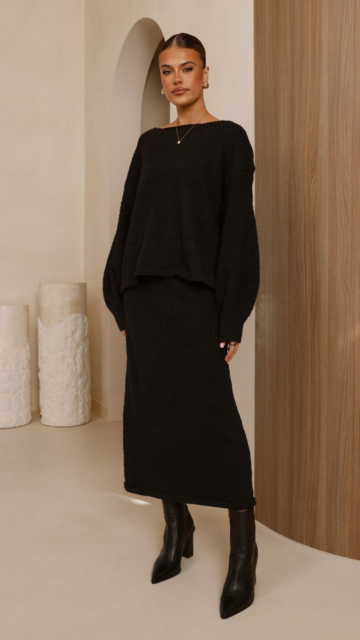Cohen Elasticated Waist A-Line Knit Midi Skirt – Black