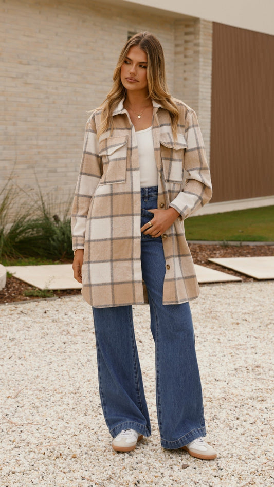 Saskia Oversized Longline Collared Jacket – Beige/Cream Check – view 2