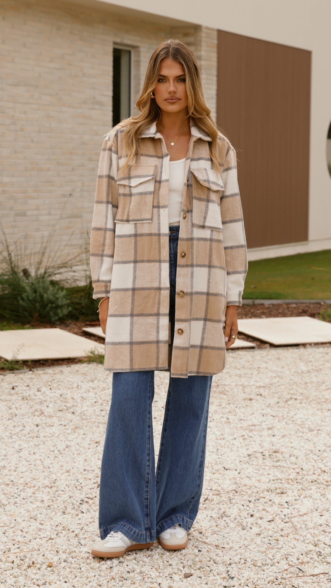 Saskia Oversized Longline Collared Jacket – Beige/Cream Check – view 6