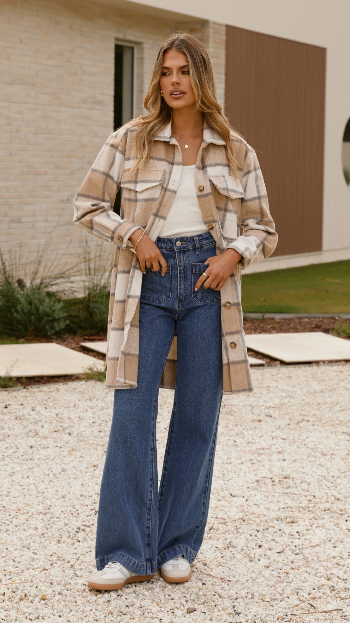 Saskia Oversized Longline Collared Jacket – Beige/Cream Check – view 15