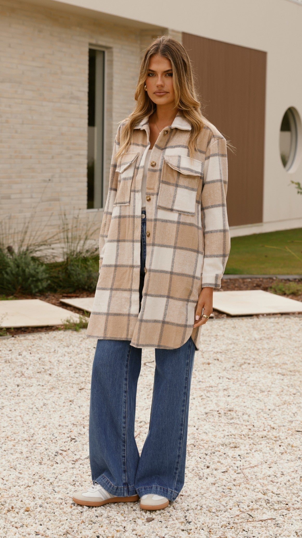 Saskia Oversized Longline Collared Jacket – Beige/Cream Check – view 5