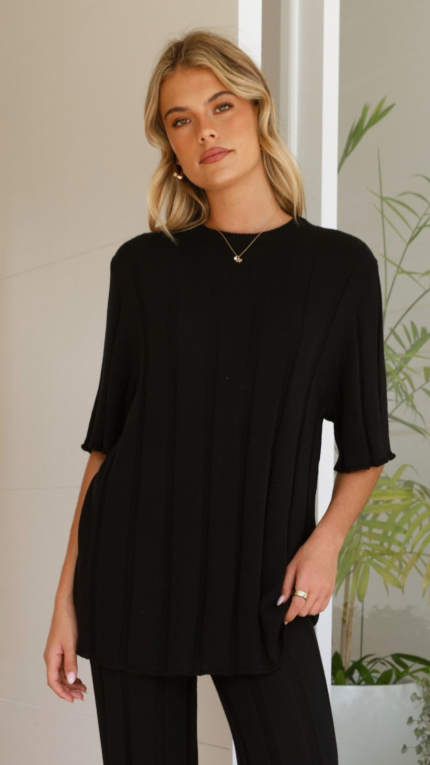 Bayu High Waisted Ribbed Knit Wide Leg Trousers – Black – view 5