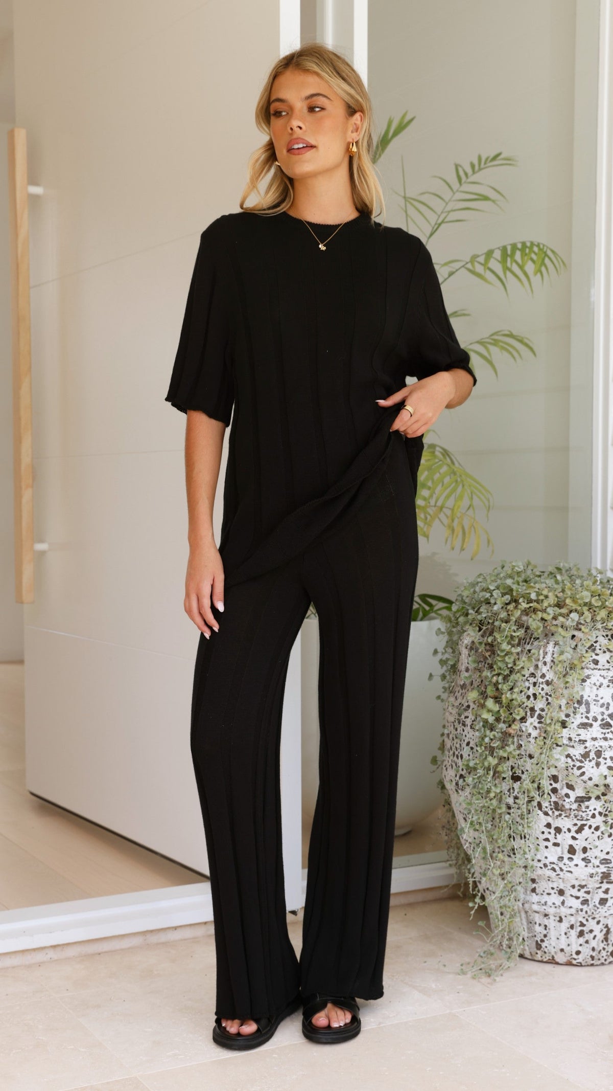 Bayu High Waisted Ribbed Knit Wide Leg Trousers – Black – view 1