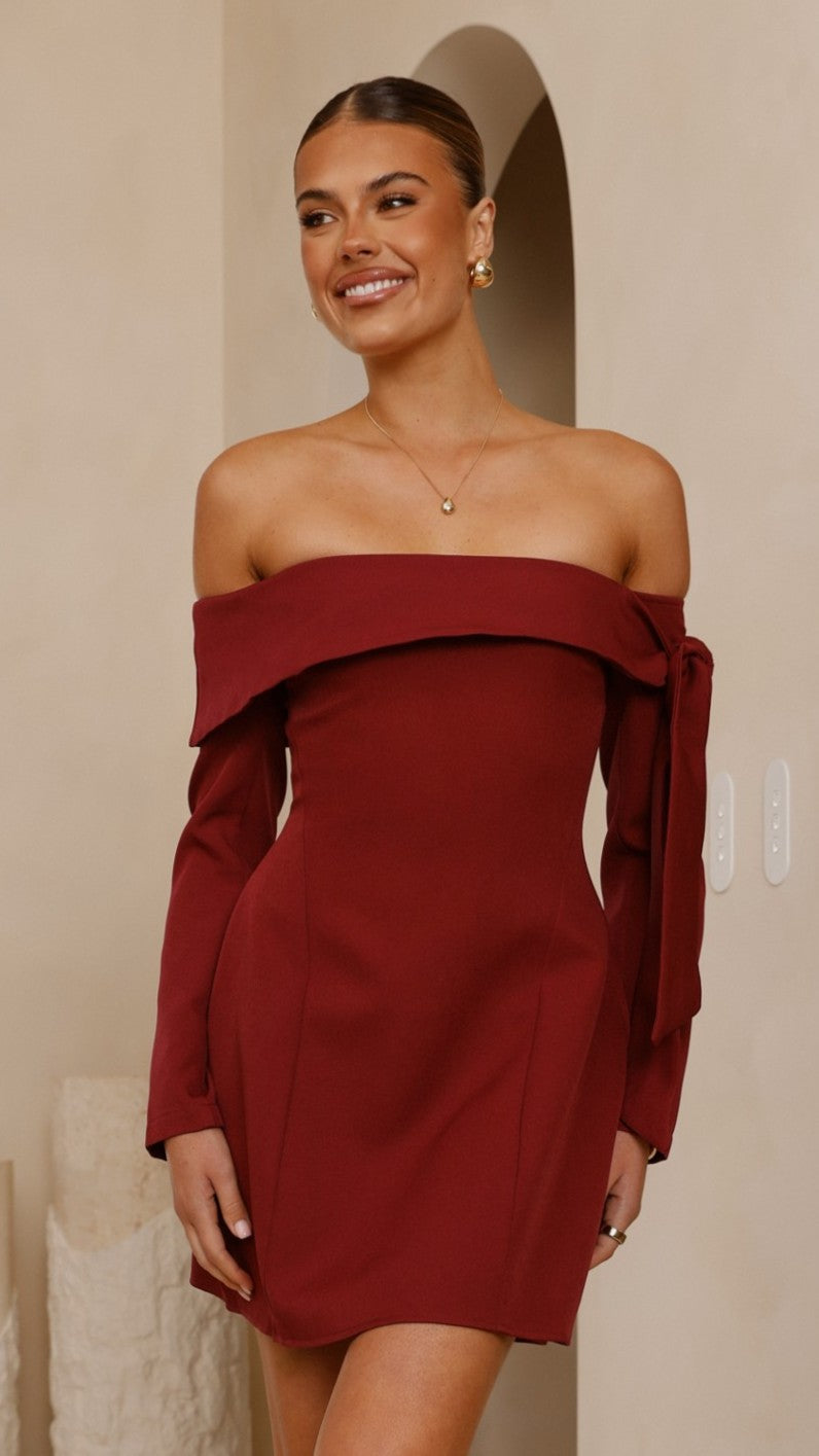 Halen Off-Shoulder Long Sleeve Mini Dress with Tie Detail – Wine