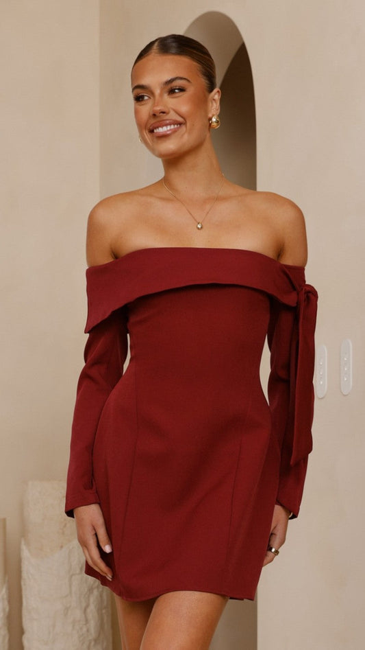 Halen Off-Shoulder Long Sleeve Mini Dress with Tie Detail – Wine