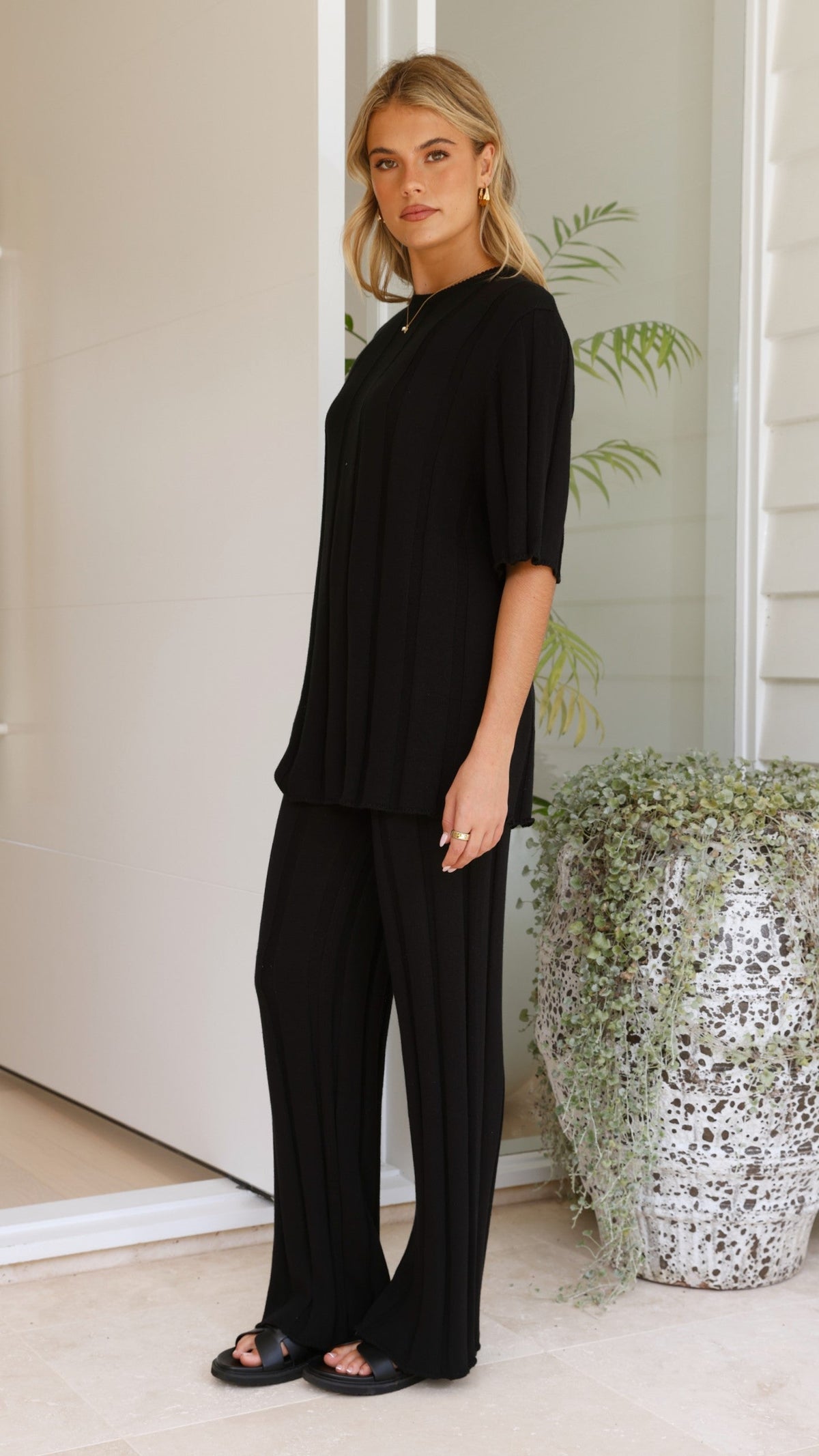 Bayu High Waisted Ribbed Knit Wide Leg Trousers – Black – view 6