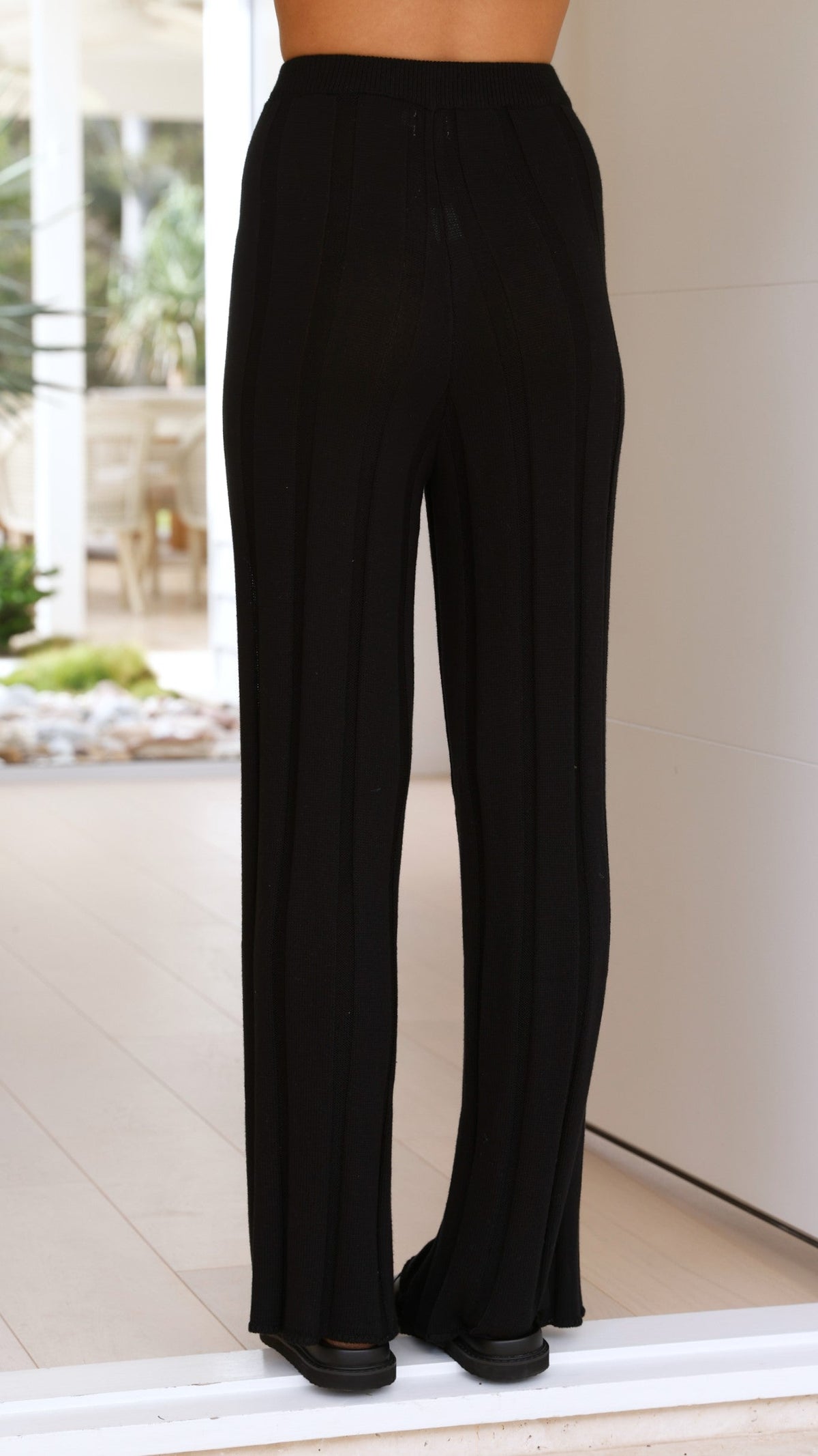 Bayu High Waisted Ribbed Knit Wide Leg Trousers – Black – view 10