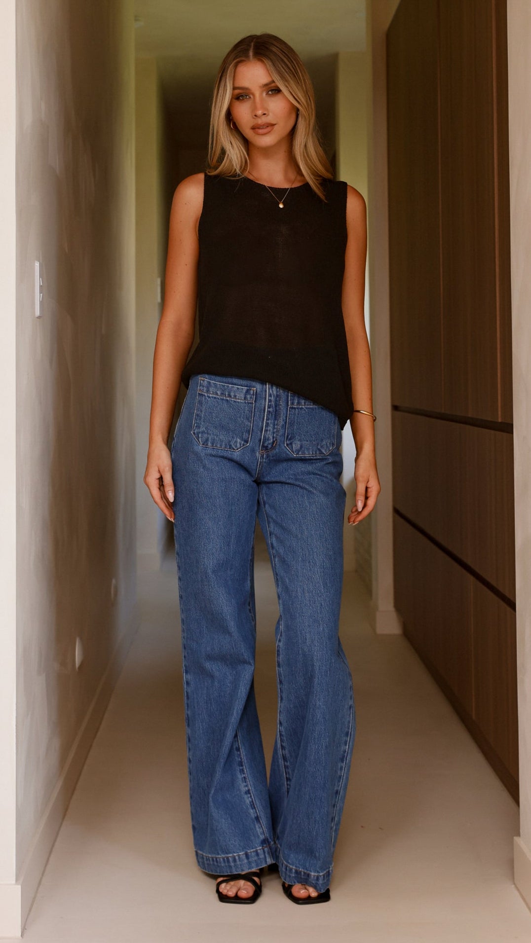 Fareeda Semi-Sheer Crew Neck Knit Tank Top – Black – view 6