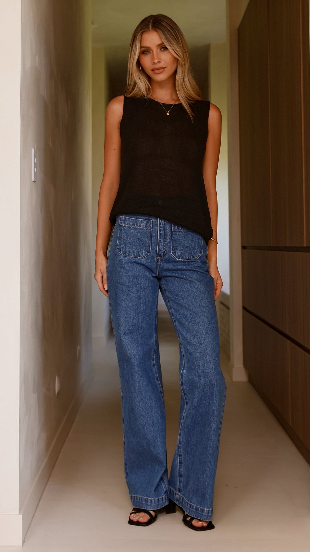 Fareeda Semi-Sheer Crew Neck Knit Tank Top – Black