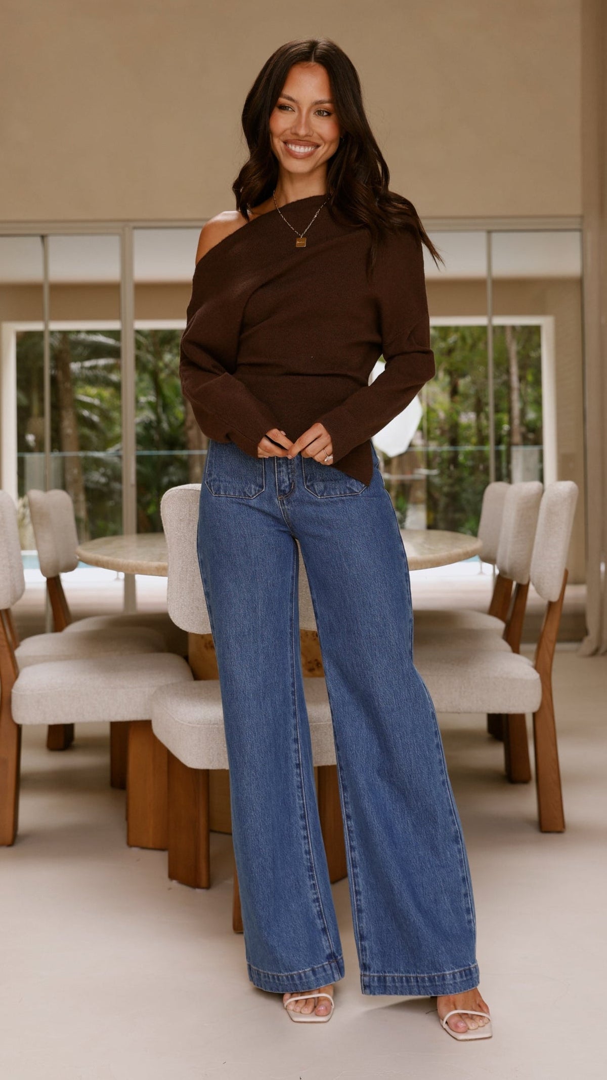 Eleora Asymmetrical Long Sleeve Knit Top with Side Split – Brown – view 9