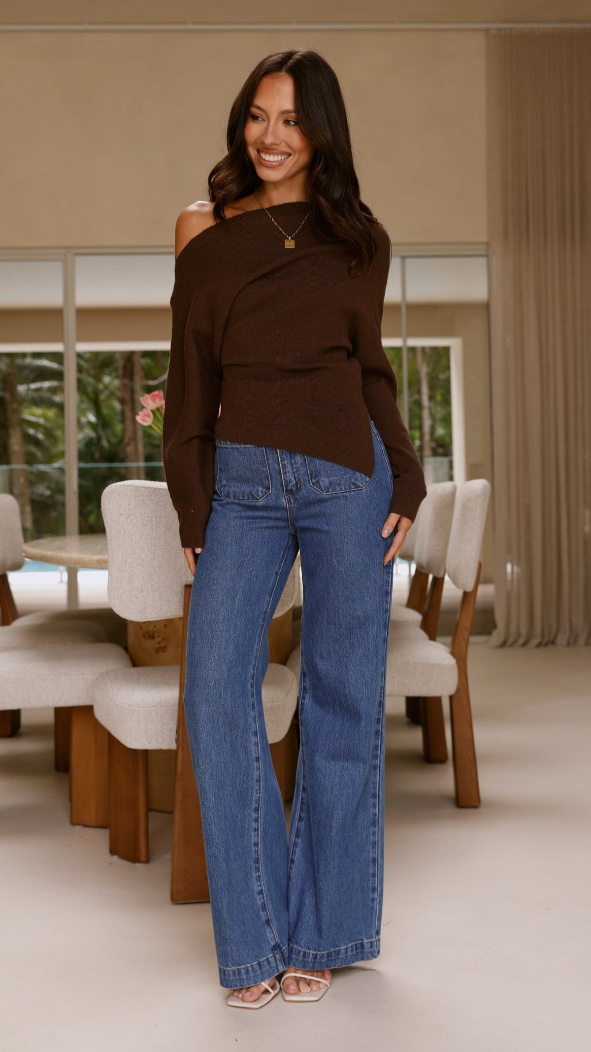 Eleora Asymmetrical Long Sleeve Knit Top with Side Split – Brown – view 12