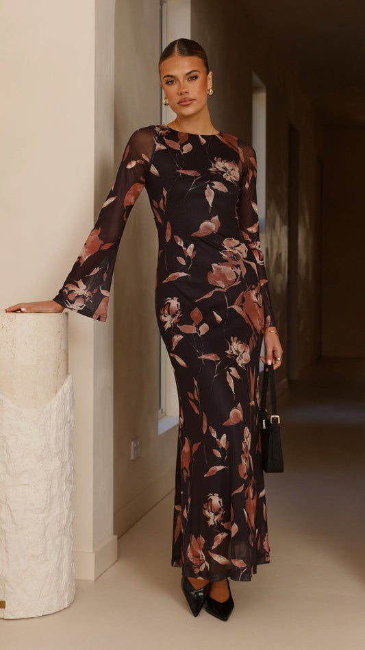 Koah Crew Neck Sheer Long Sleeve Bodycon Maxi Dress – Flower Print