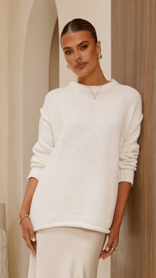 Delvine Oversized Thick Knit Lettuce Hem Jumper – Cream