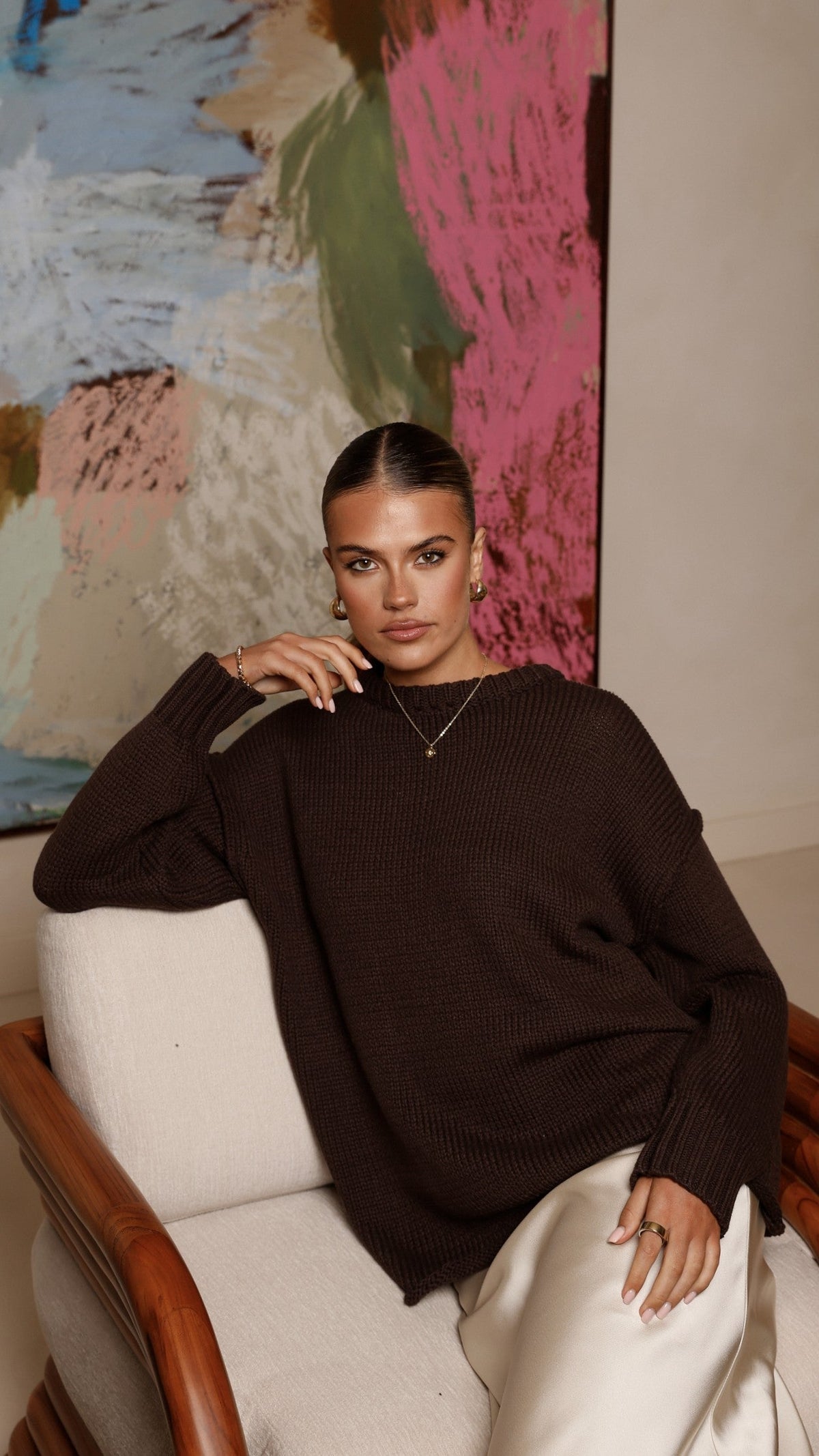 Delvine Oversized Thick Knit Lettuce Hem Jumper – Chocolate – view 4