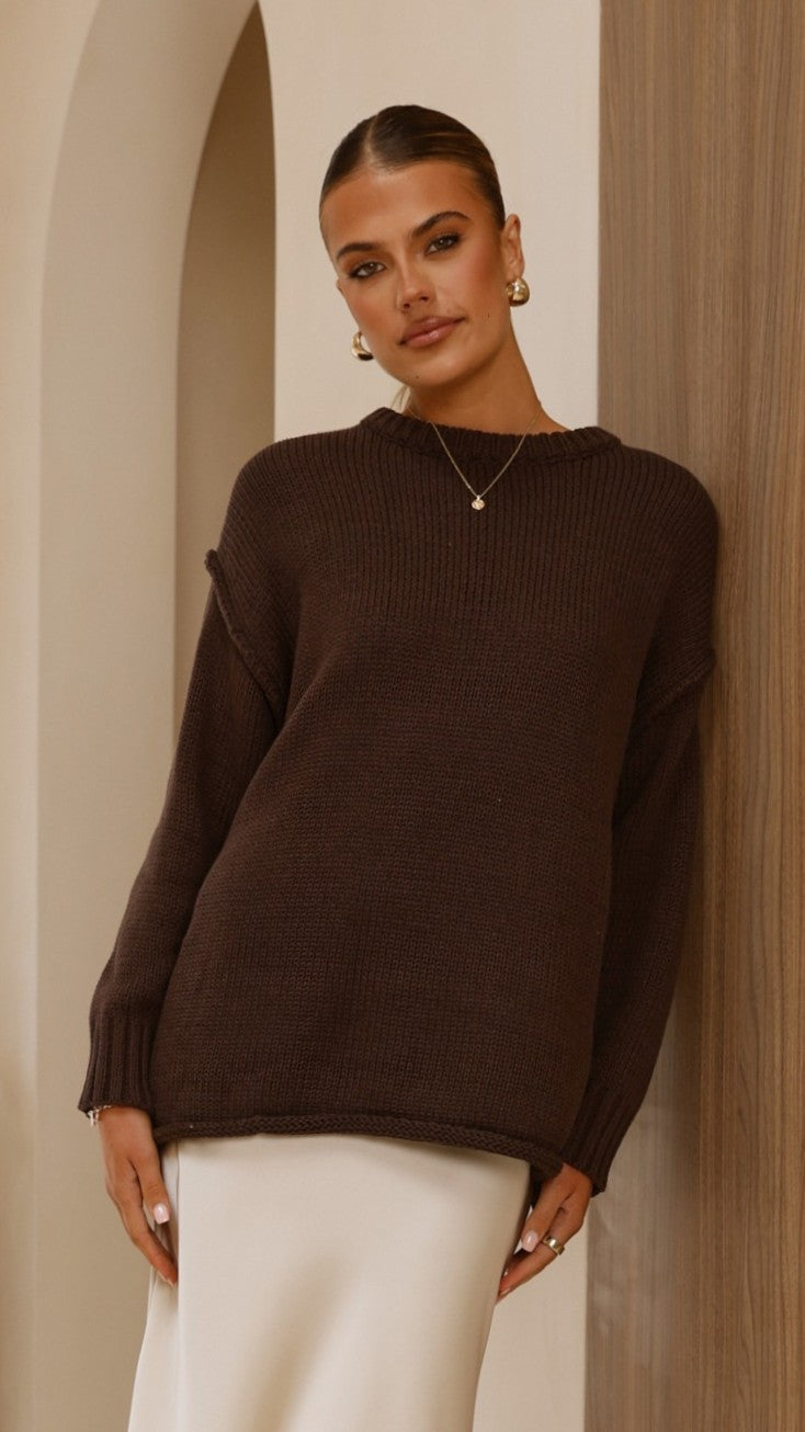 Delvine Oversized Thick Knit Lettuce Hem Jumper – Chocolate – view 1