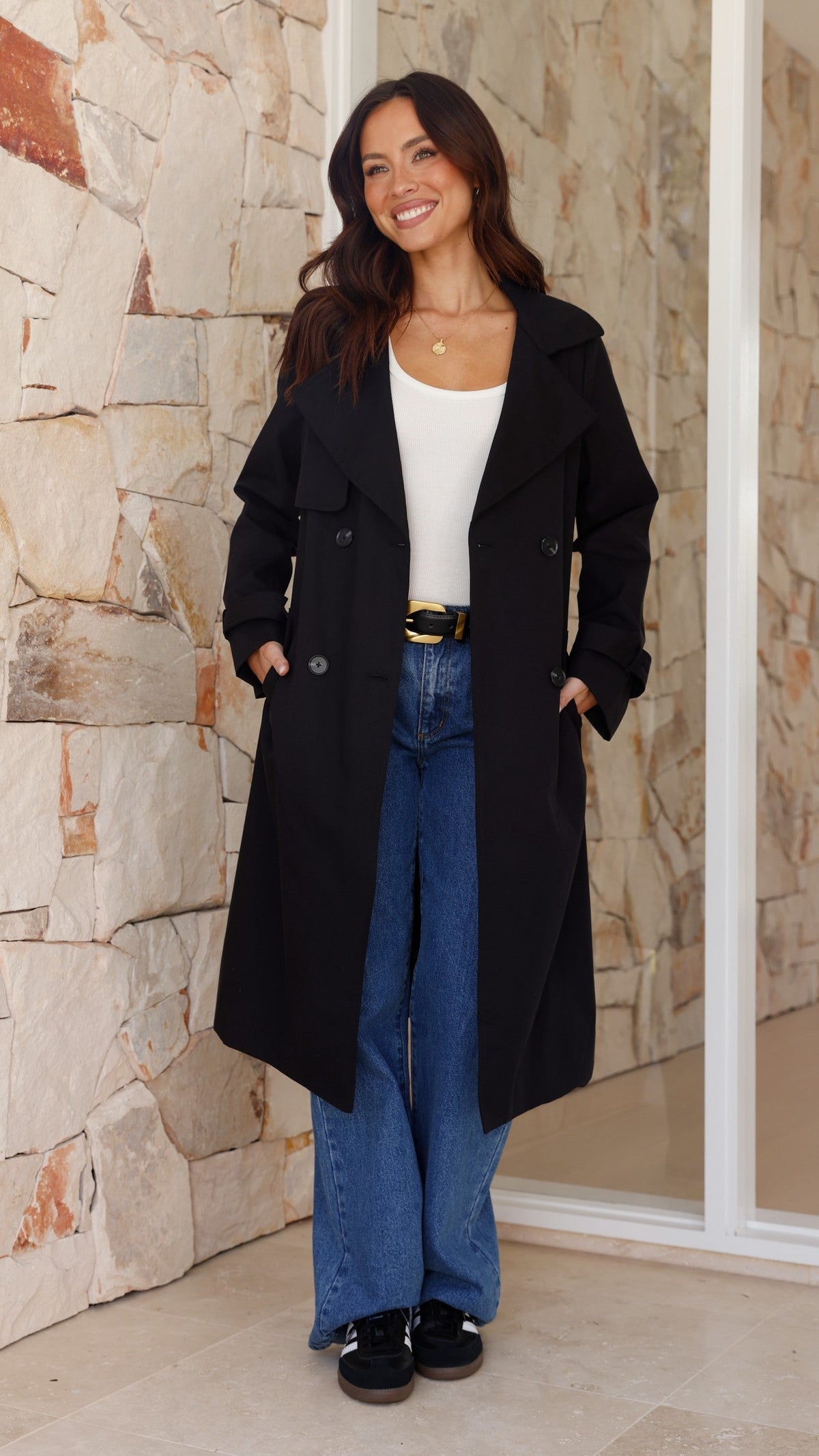 Byron Oversized Longline Cotton Trench Coat with Waist Tie – Black