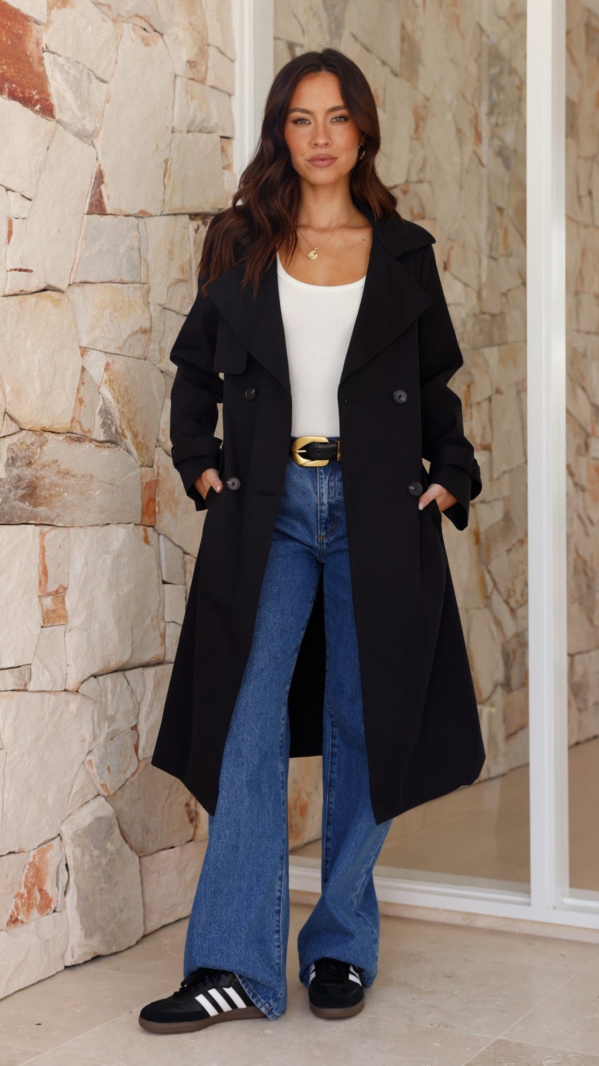 Byron Oversized Longline Cotton Trench Coat with Waist Tie – Black – view 15