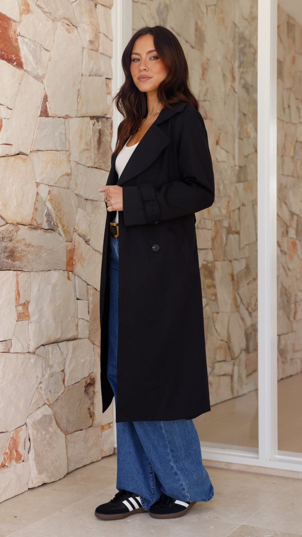 Byron Oversized Longline Cotton Trench Coat with Waist Tie – Black – view 24