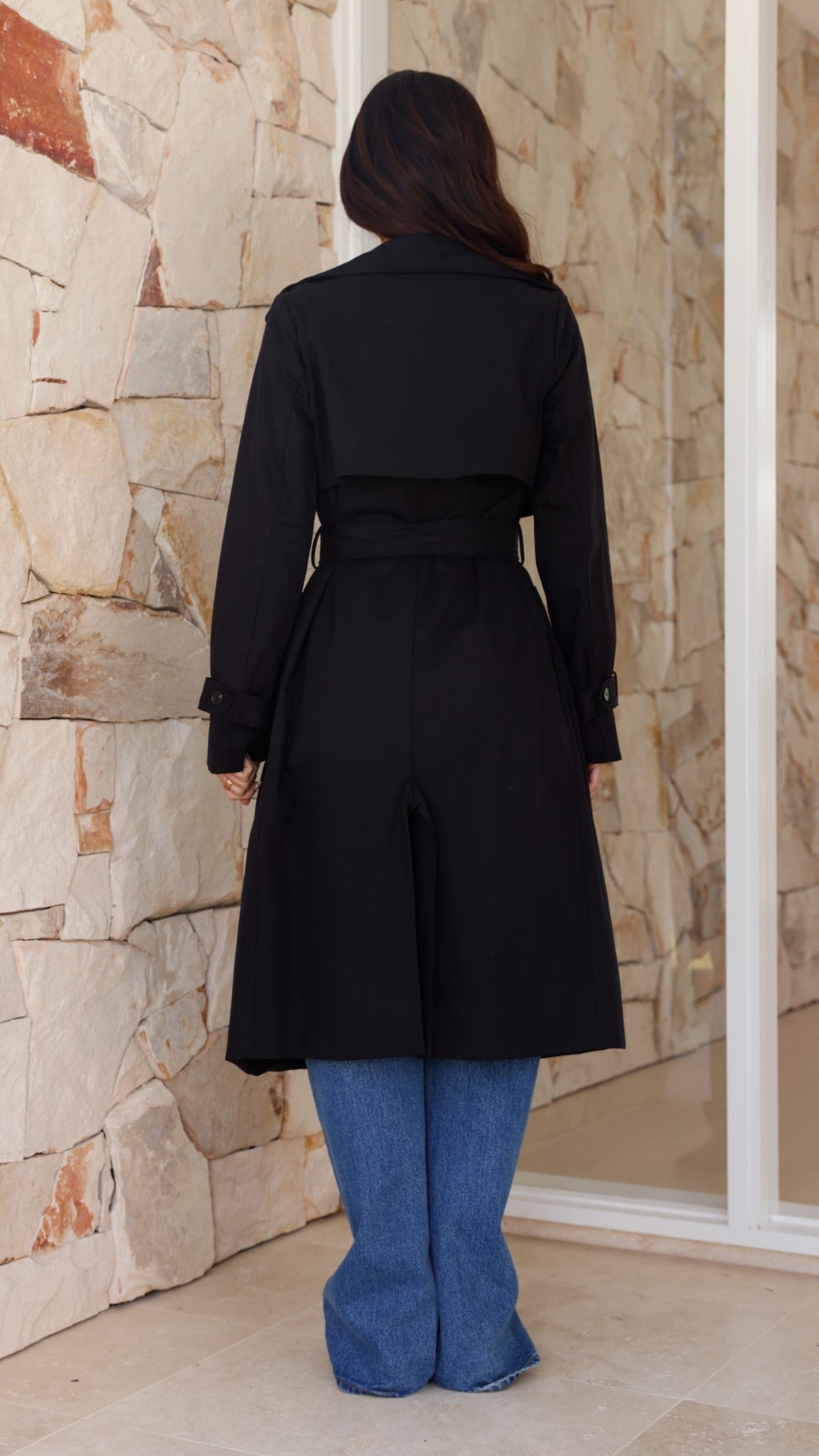 Byron Oversized Longline Cotton Trench Coat with Waist Tie – Black