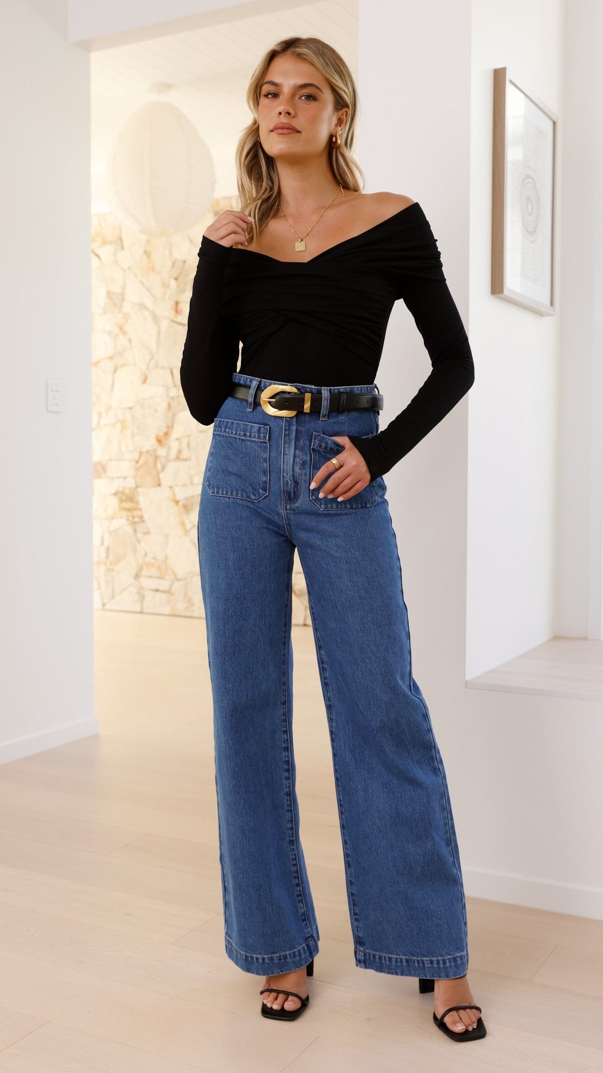 Sandrine Off Shoulder Long Sleeve Crossover Bodysuit – Black – view 9