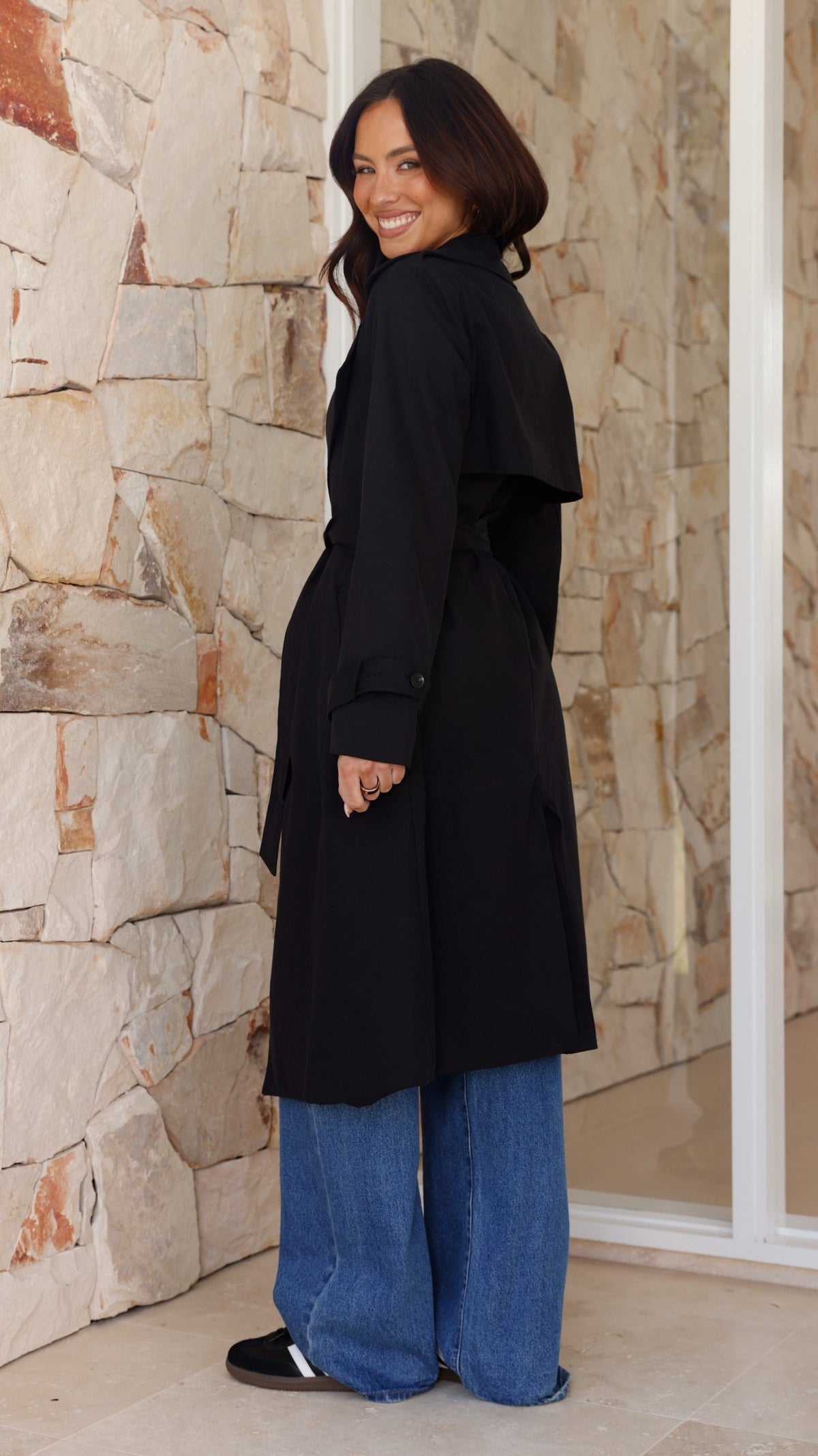 Byron Oversized Longline Cotton Trench Coat with Waist Tie – Black – view 5