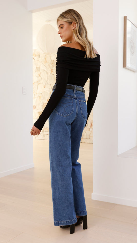 Sandrine Off Shoulder Long Sleeve Crossover Bodysuit – Black – view 2