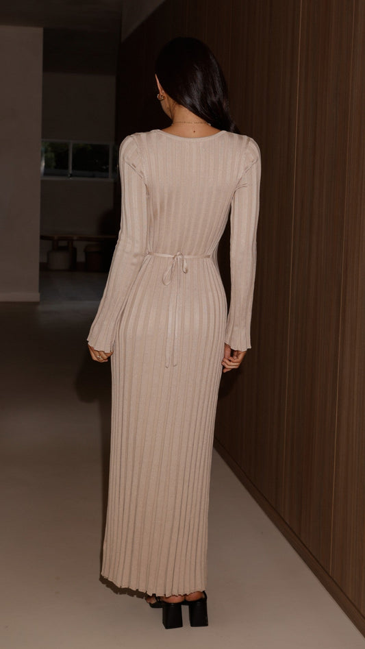 Cyra V-Neck Ribbed Knit Long Sleeve Maxi Dress – Beige – view 2