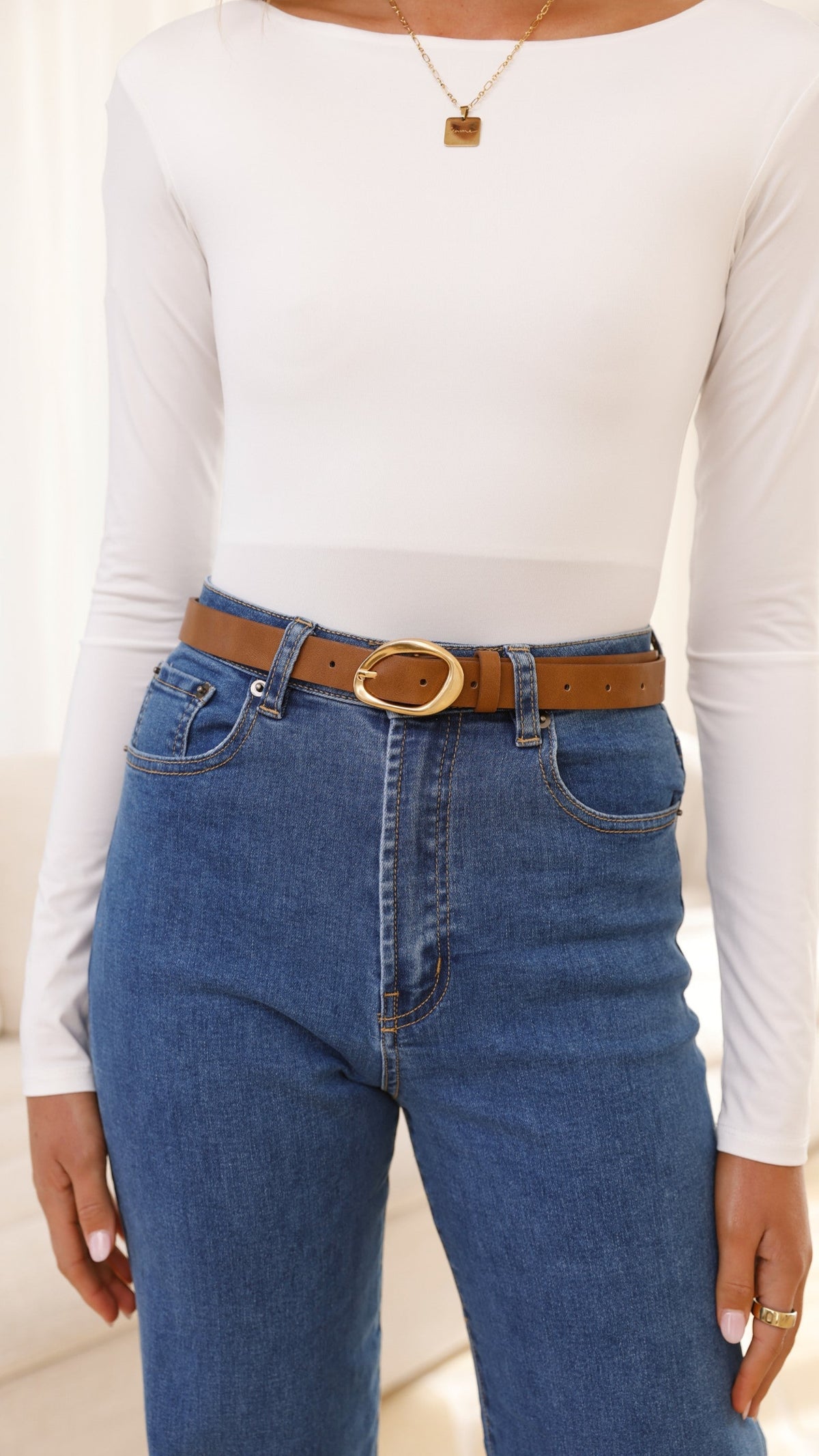 Jacory Irregular Buckle PU Leather Belt – Brown/Gold – view 2