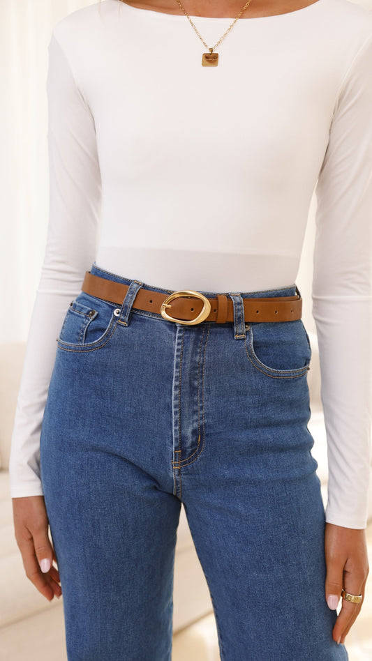Jacory Irregular Buckle PU Leather Belt – Brown/Gold – view 2