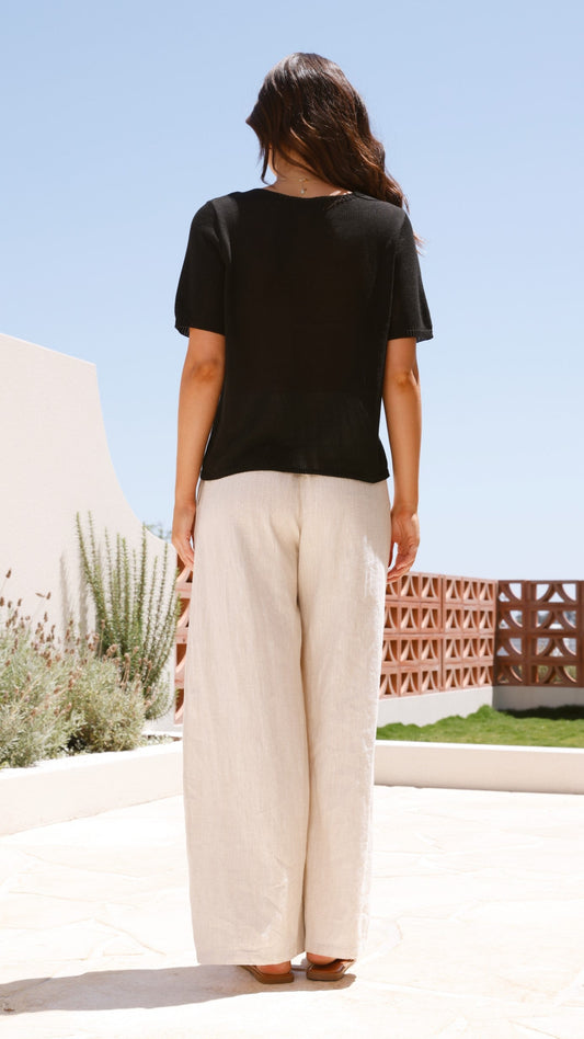 Summer Semi-Sheer Knitted Short Sleeve Tee – Black – view 2