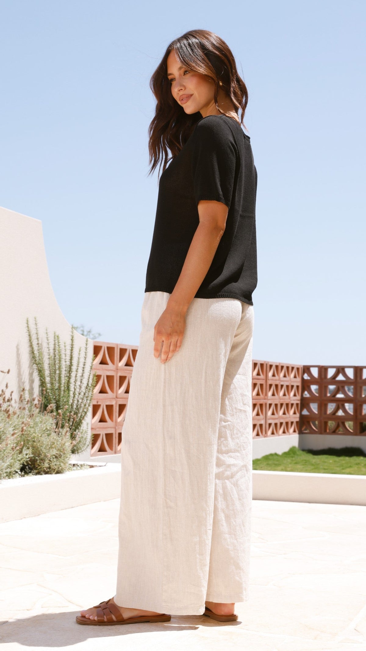 Summer Semi-Sheer Knitted Short Sleeve Tee – Black – view 8