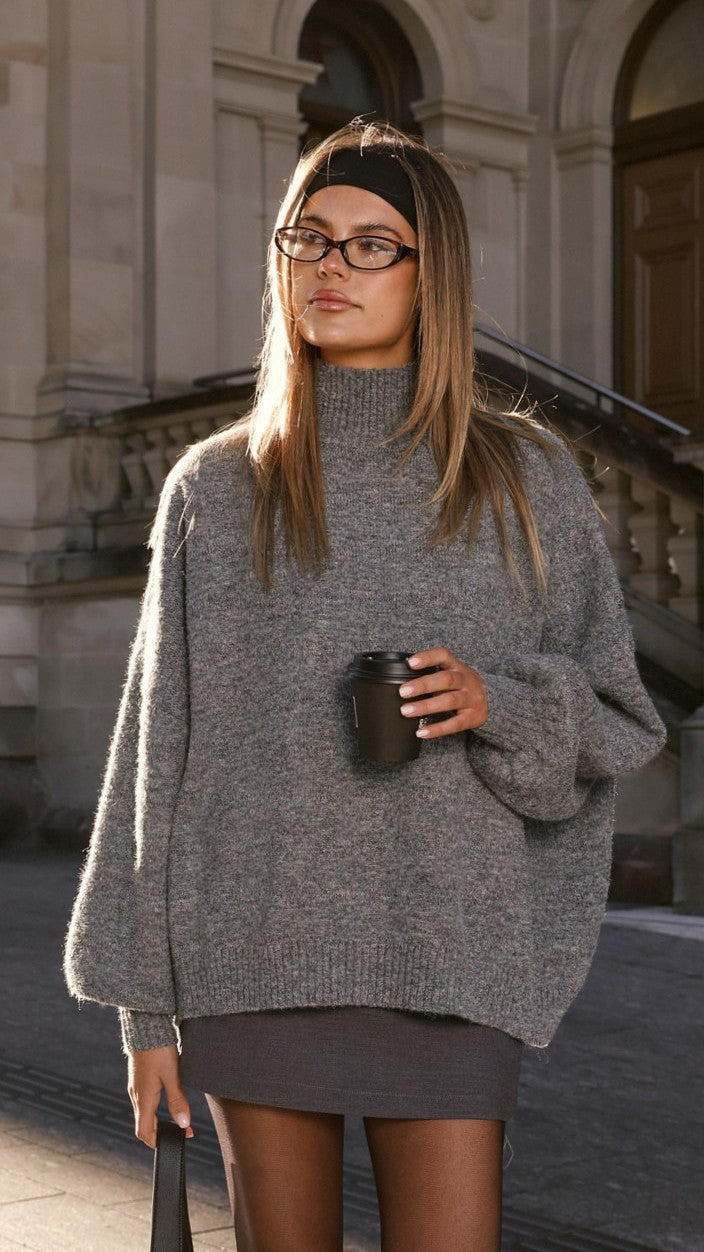 Harita High Neck Balloon Sleeve Oversized Knit Jumper – Grey