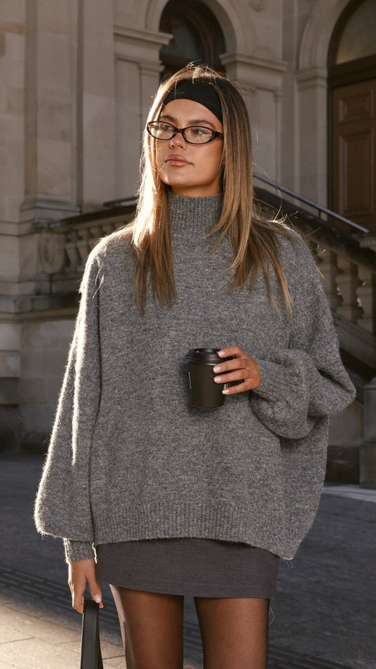 Harita High Neck Balloon Sleeve Oversized Knit Jumper – Grey