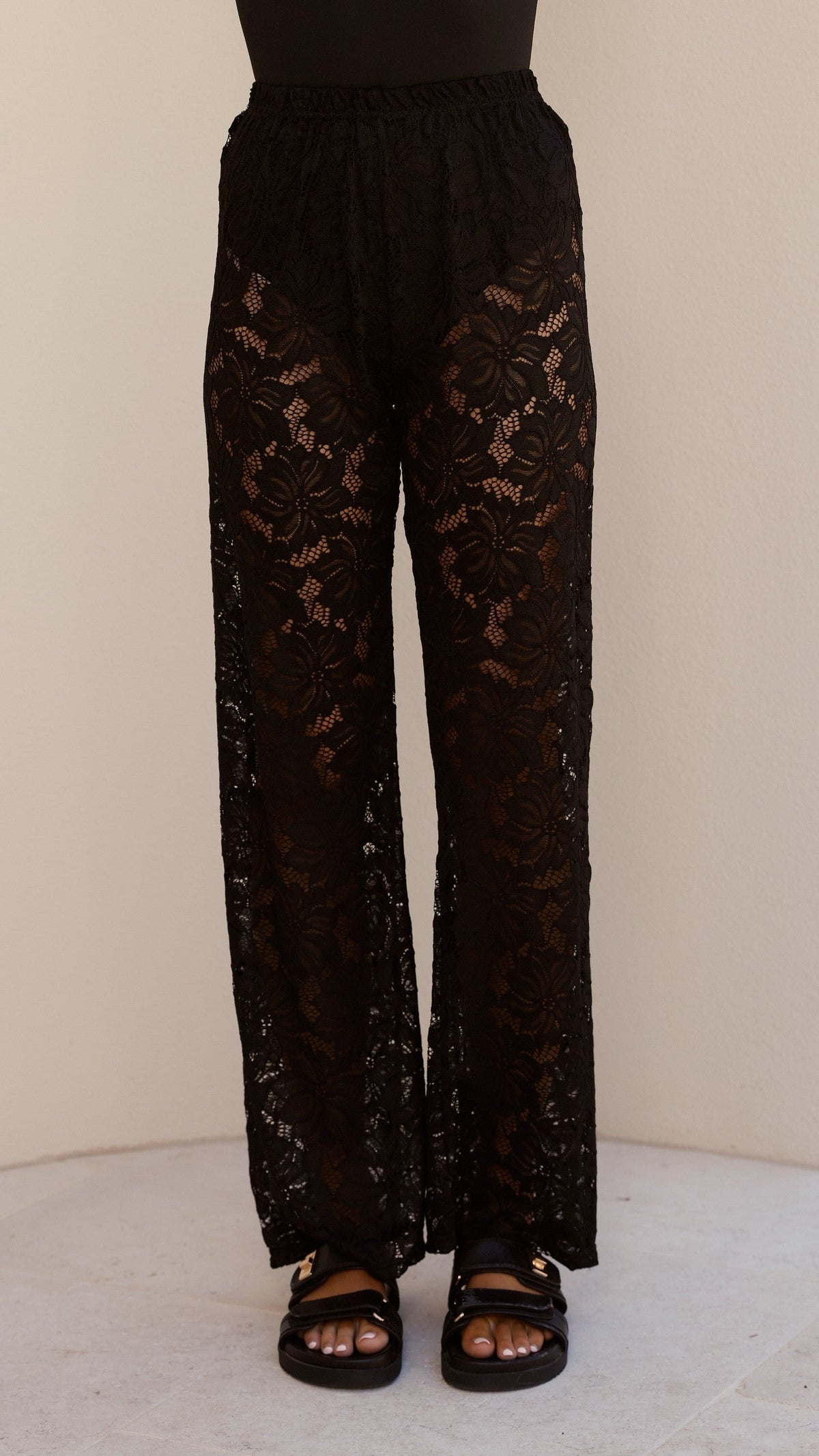 Azura V Neck Shirt and Sheer Lace Trousers Set – Black