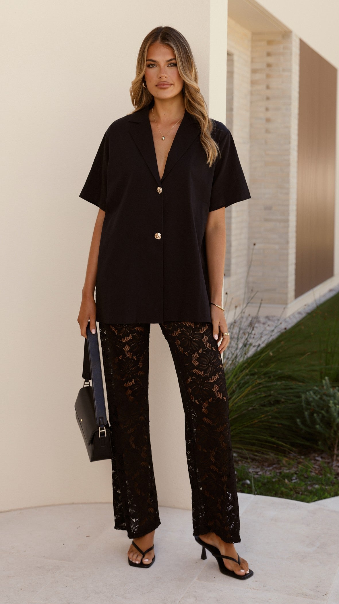 Azura V Neck Shirt and Sheer Lace Trousers Set – Black – view 9