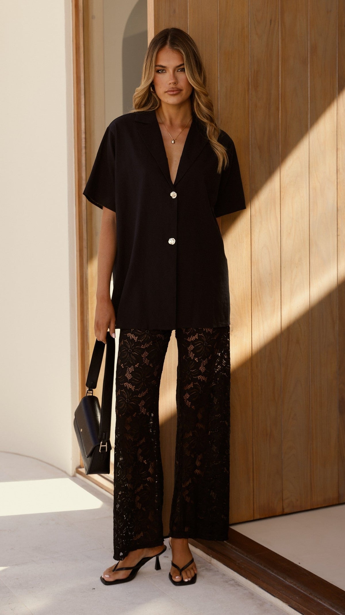 Azura V Neck Shirt and Sheer Lace Trousers Set – Black – view 13