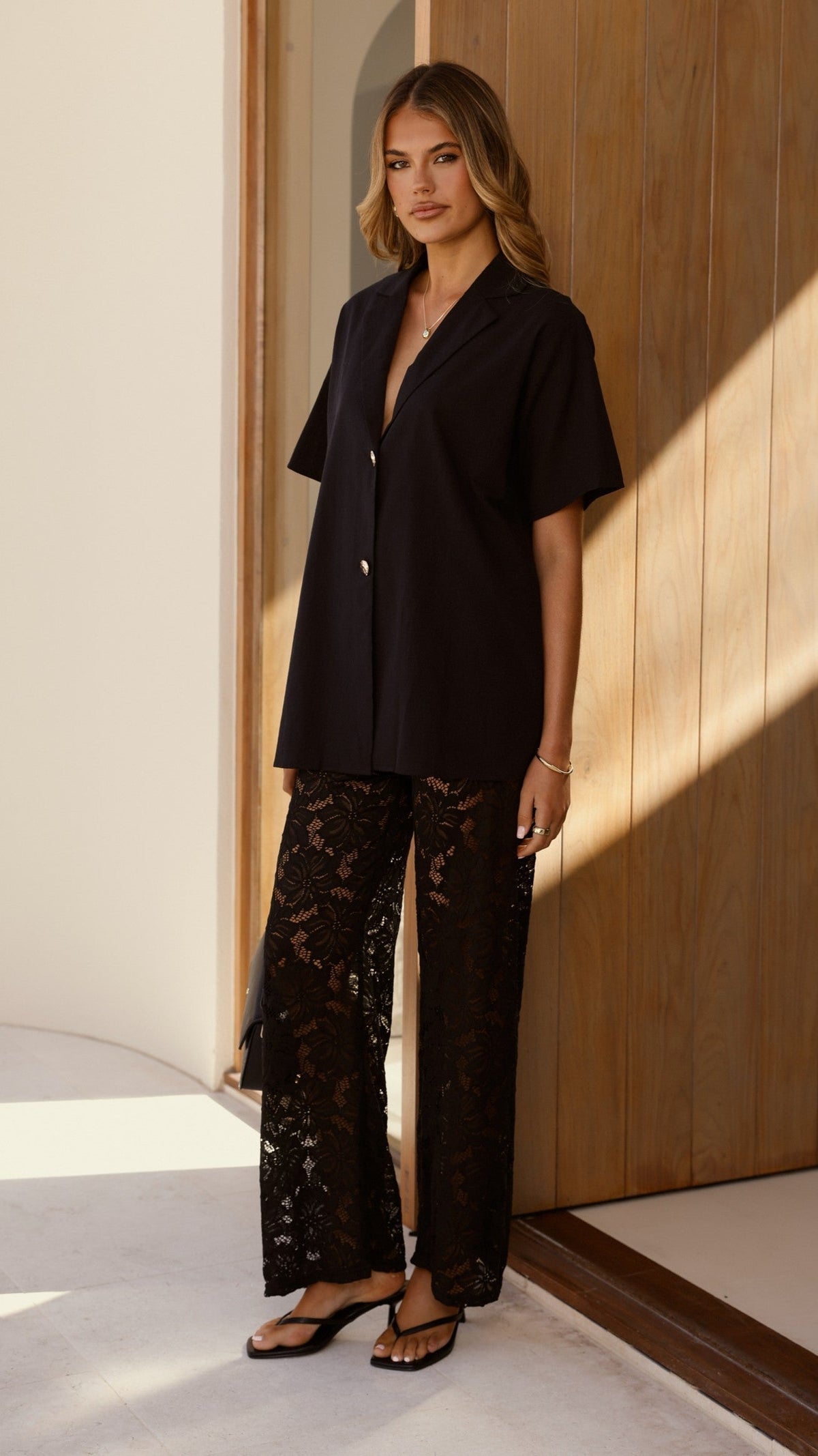 Azura V Neck Shirt and Sheer Lace Trousers Set – Black – view 5