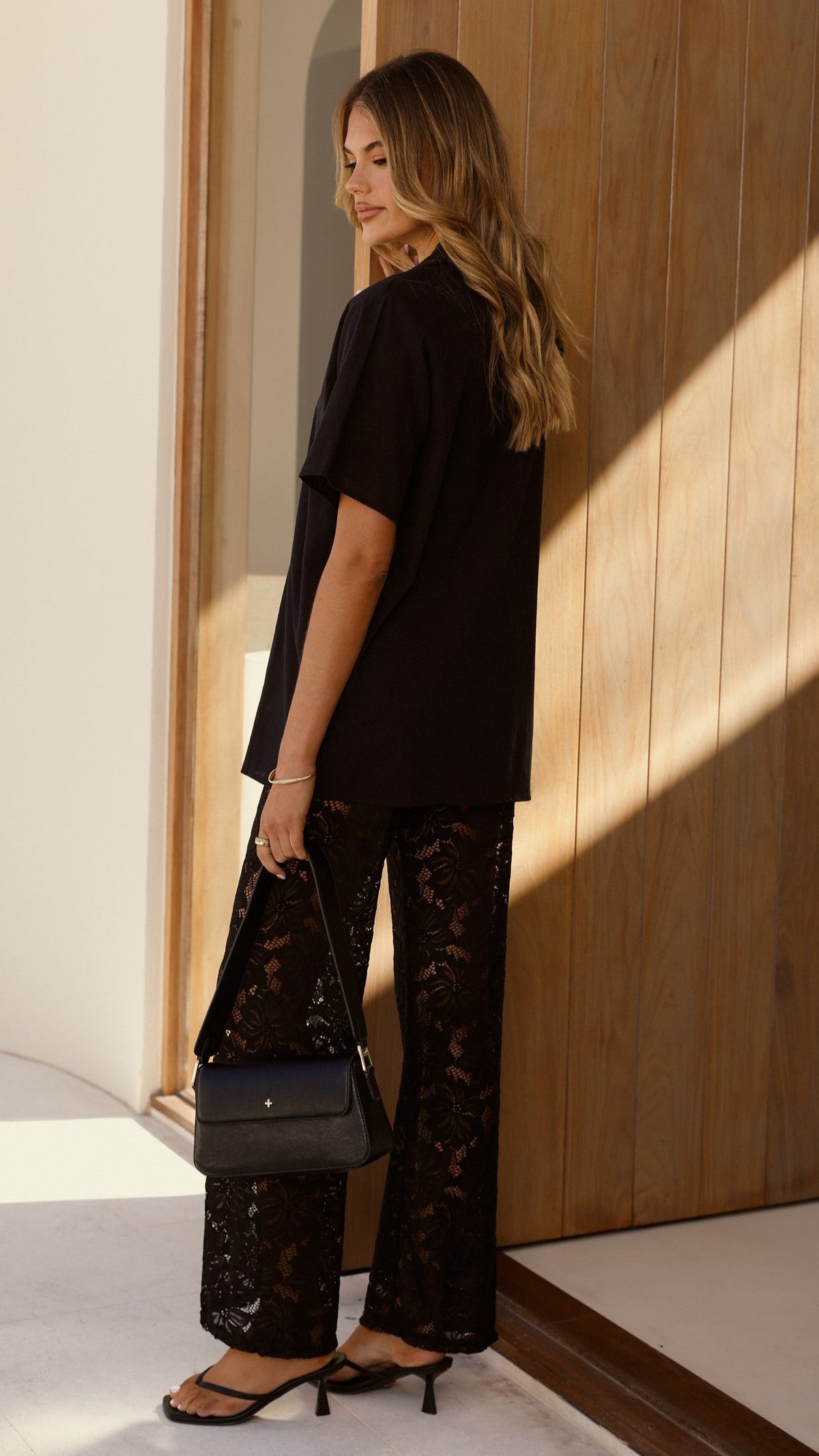 Azura V Neck Shirt and Sheer Lace Trousers Set – Black