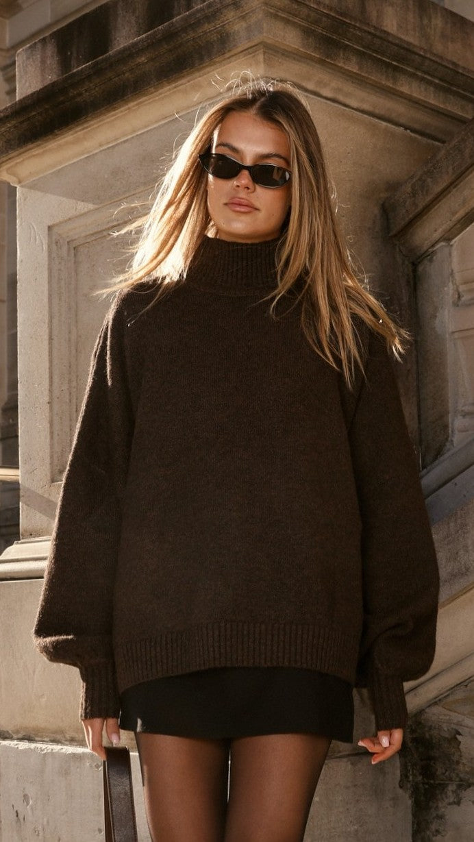 Harita High Neck Balloon Sleeve Oversized Knit Jumper – Chocolate – view 9