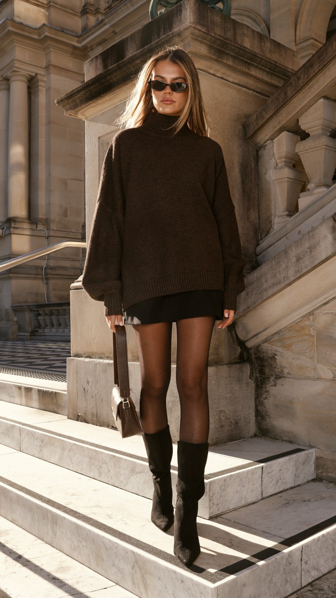 Harita High Neck Balloon Sleeve Oversized Knit Jumper – Chocolate – view 10