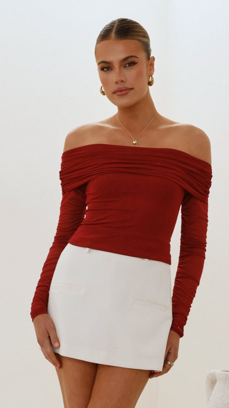Isadora Gathered Off Shoulder Top with Sheer Sleeves – Wine – view 1